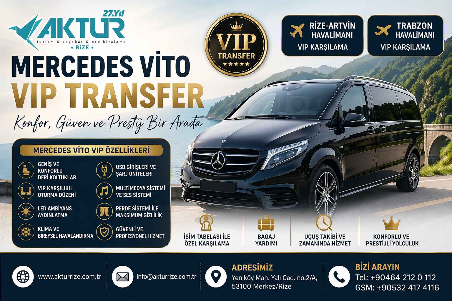 Rize şoförlü araç kiralama, VIP transfer, Audi A6 ve Mercedes Vito ile havalimanı transfer hizmeti