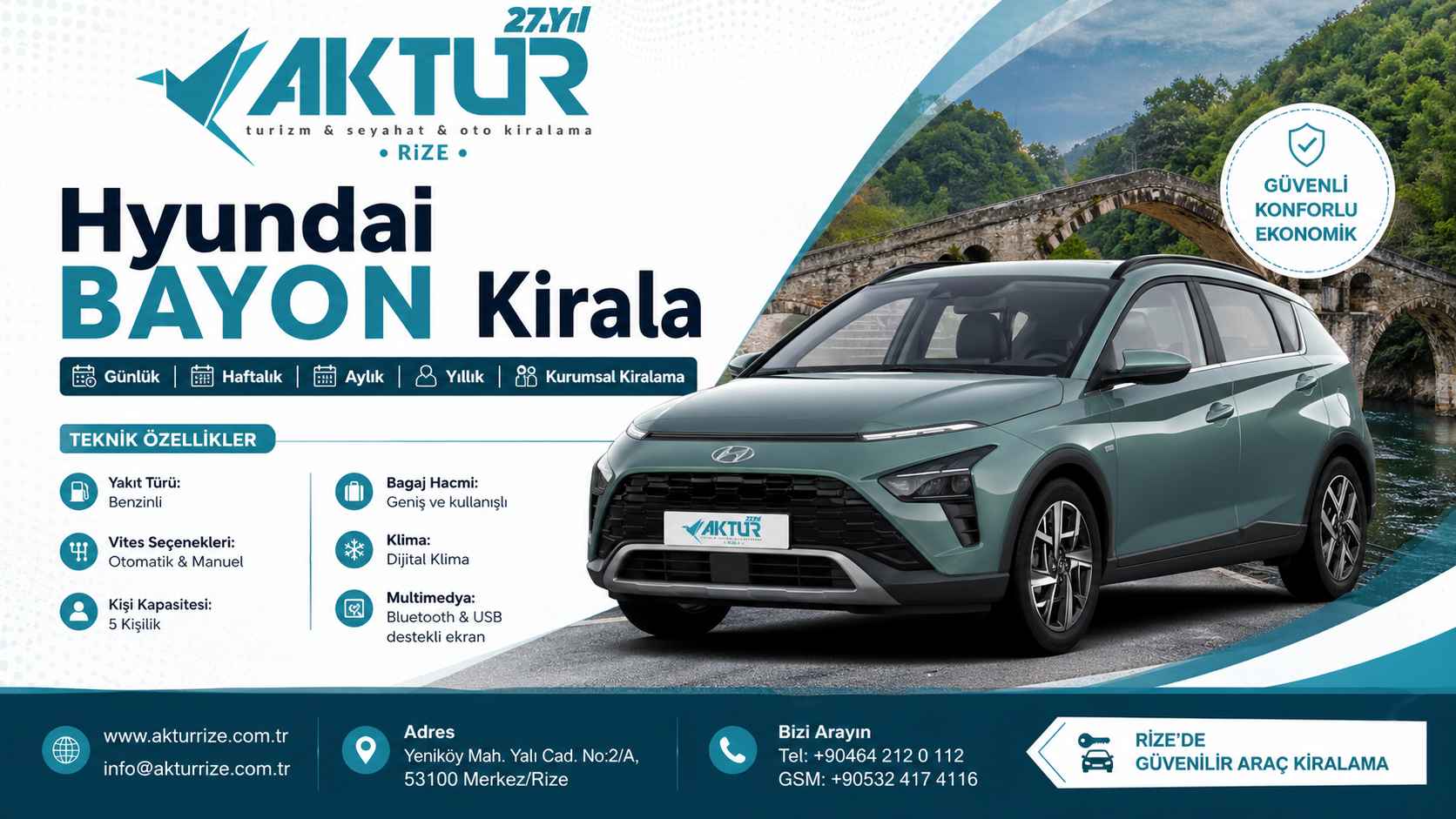 Hyundai Bayon Rize araç kiralama, ekonomik SUV rent a car ve havalimanı teslim hizmeti