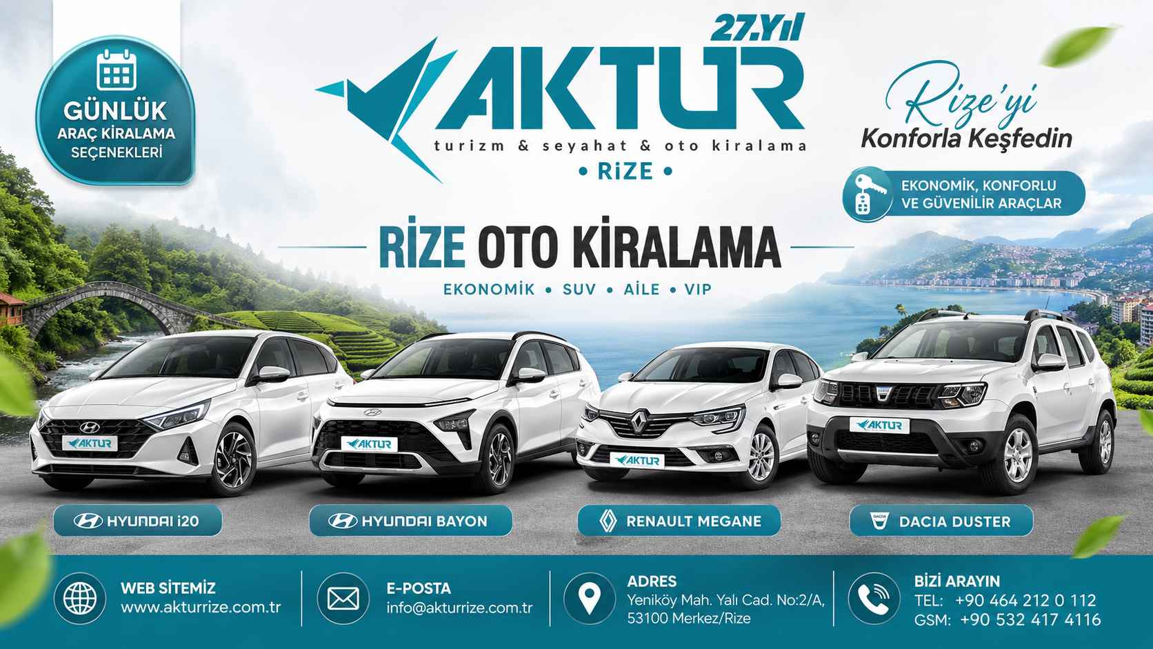Rize oto kiralama, Rize rent a car ve Rize araç kiralama hizmetleri - havalimanı transfer ve araç kiralama banner görseli